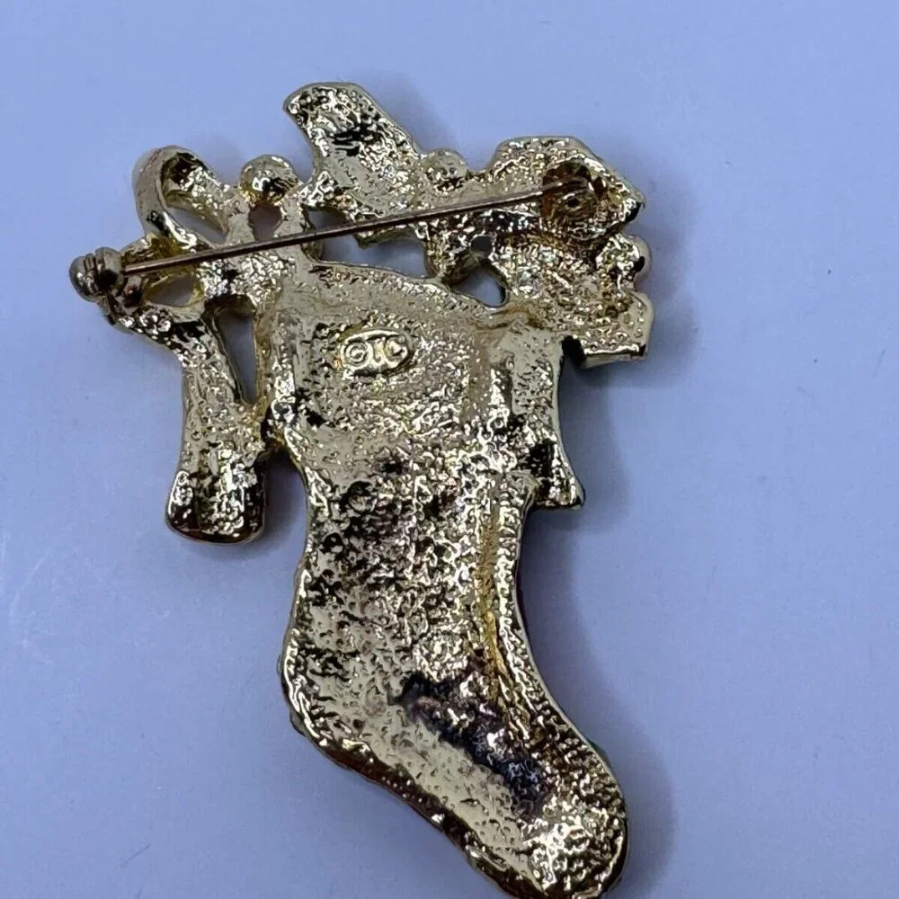 Tanya Creations Christmas Brooch Pin Stocking Holly Enamel Rhinestones 2.25 in - Picture 5 of 6